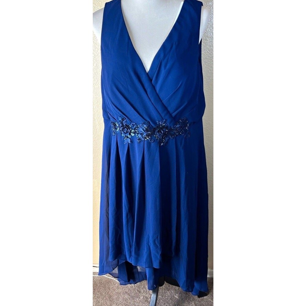 Ever-Pretty Blue Chiffon V-Neck Sleeveless Lined Beaded Midi Dress 1XL US18